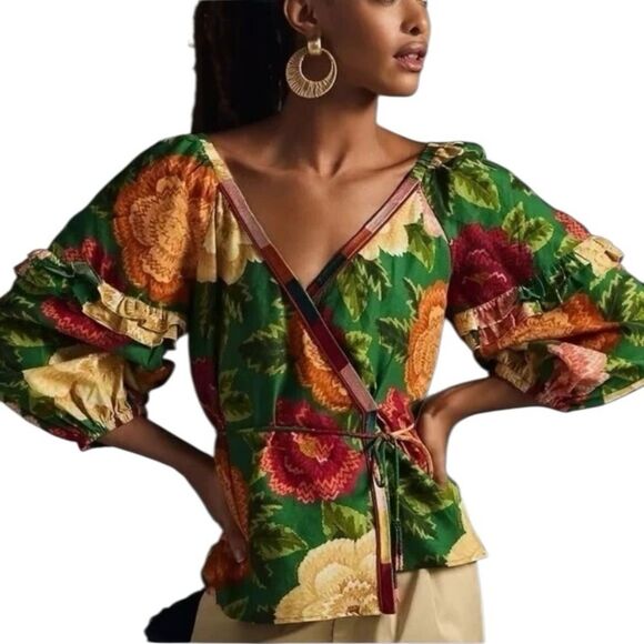 FARM Rio Tops - Farm Rio x Anthropologie Wrap Top Puff Sleeve Belted Tropical Colorful Large New